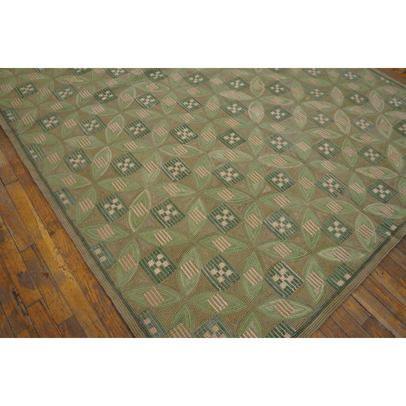 Tapis vert clair / gris en laine noué à la main de conception unique 6 pi x 9 pi