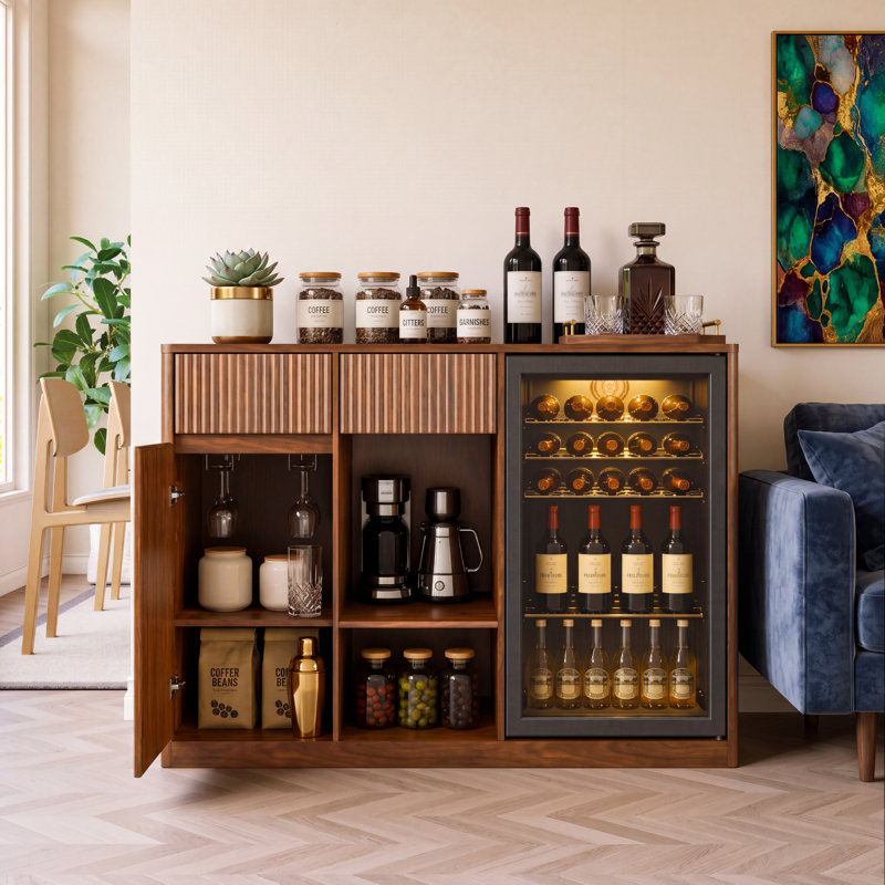 Mini-armoire à café avec espace de rangement pour réfrigérateur et rangement pour bouteilles de vin, Brown