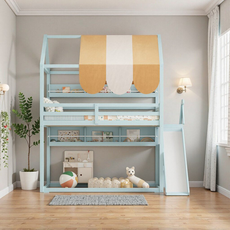 Lit mezzanine double beige avec garde-robe, bureau et rangement intégrés - Meuble en bois compact pour les chambres modernes