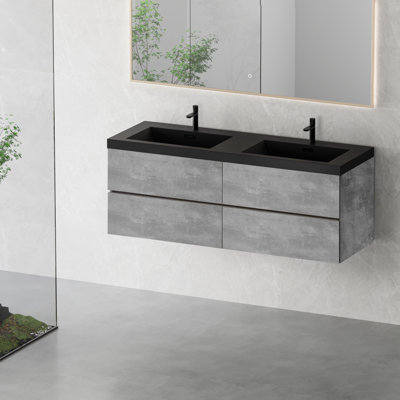 Meuble-lavabo flottant 60 po avec lavabo, meuble-lavabo mural moderne 60 po avec deux lavabos en quartz noir et quatre tiroirs à fermeture en douceur, gris ciment EDI 24V12-60GR
