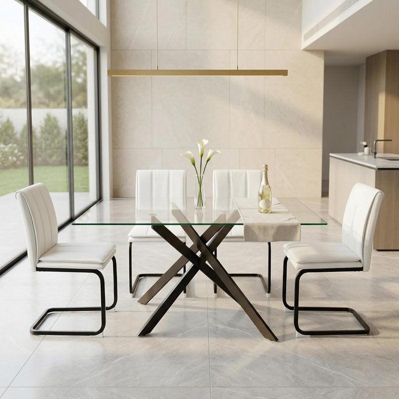 51" Rectangular Tempered Glass Dining Set with 4 Cantilever Faux Leather Chairs, Black Table + White/Black Chairs
