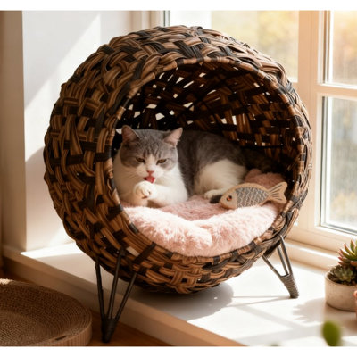 Hand-woven Braided Banana Leaf Kitten House, Elevated Cushioned Bed For Indoor Felines, Brown And Metal Tripod Stability