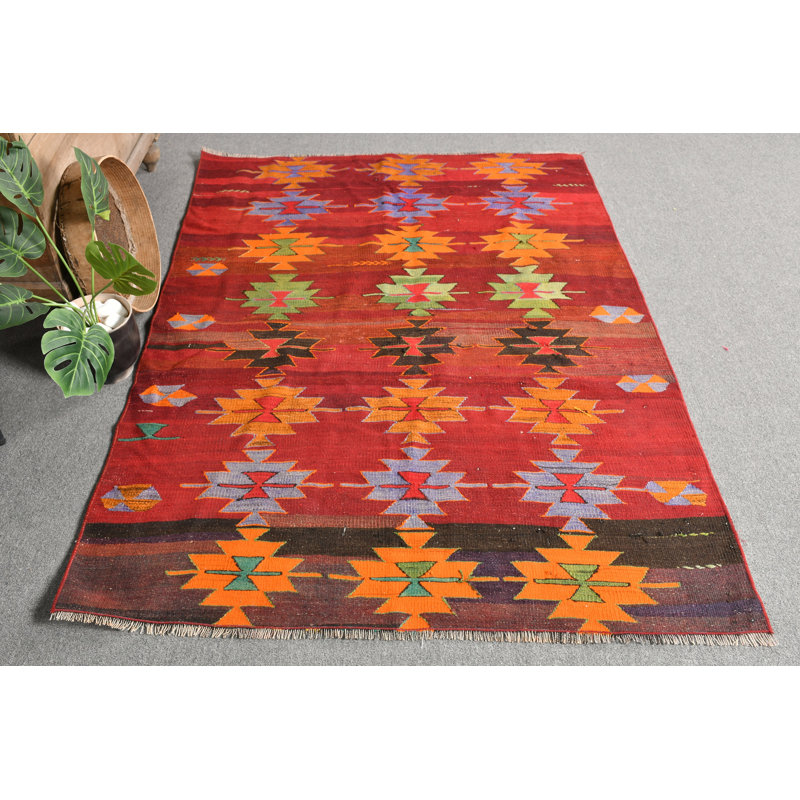 Tapis turc vintage en laine tissé à la main de style géométrique rétro, idéal pour les maisons ou les bureaux - rouge / orange
