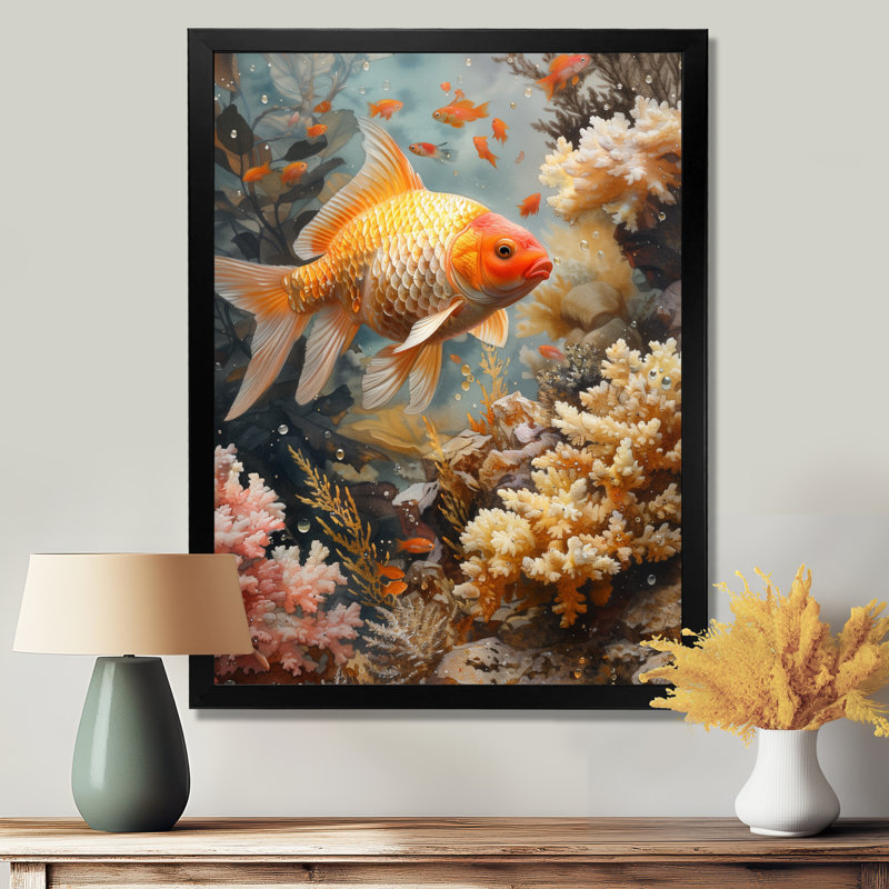 Orange, corail, poisson blanc, merveille - aquariums, art mural, Cadre photo noir, H 24 po x l 32 po