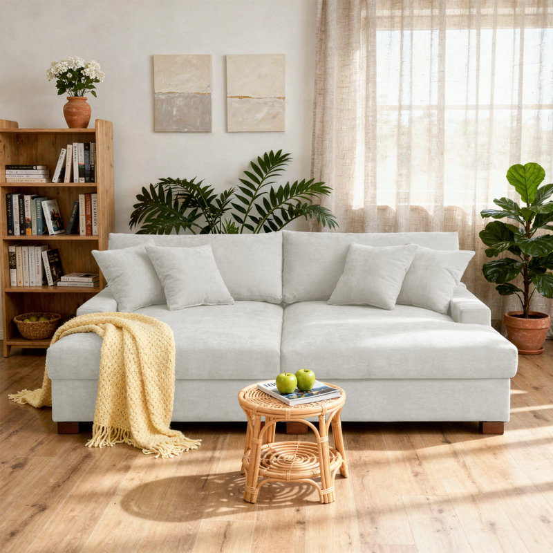 Oversized Upholstered Offwhite Chenille Sleeper Sofa Bed Lounge sofa with Armrests & Throw Pillows, Off White Chenille