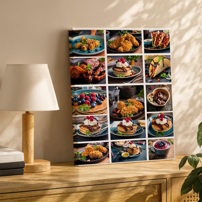 Toile, collage vibrant et attrayant mettant en vedette un art mural varié de plats, y compris des tacos de poulet frit croustillant
