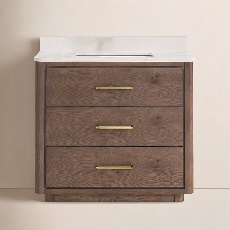Porto 36'' Free Standing Single Bathroom Vanity with Quartz Top, Dark Brown Oak, Gold