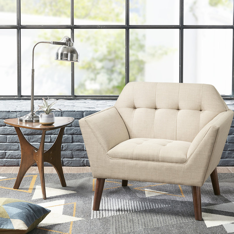 Fauteuil bouton Mid-Century, accoudoir supplémentaire, pieds en pacane massif, beige, siège de détente l 37 po x P 29,5 po, accoudoirs, matériau en bois