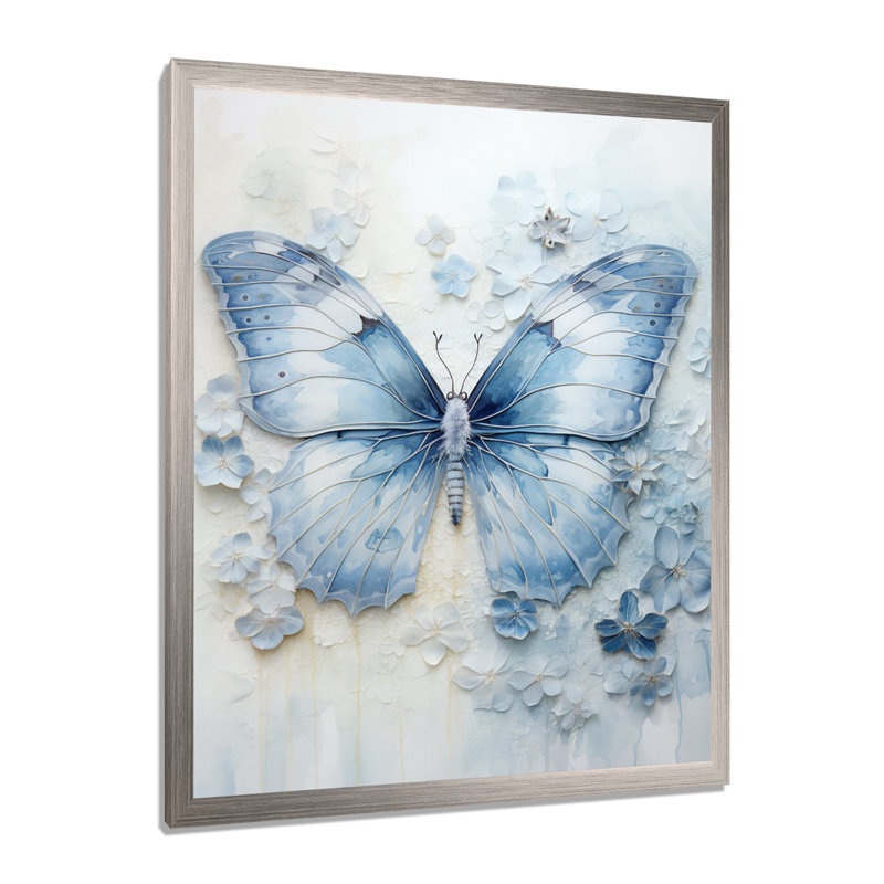 «Blue Butterfly Whispering Wings I», art mural papillon, H 44 po x l 34 po x P 1,5 po, Cadre simple argenté