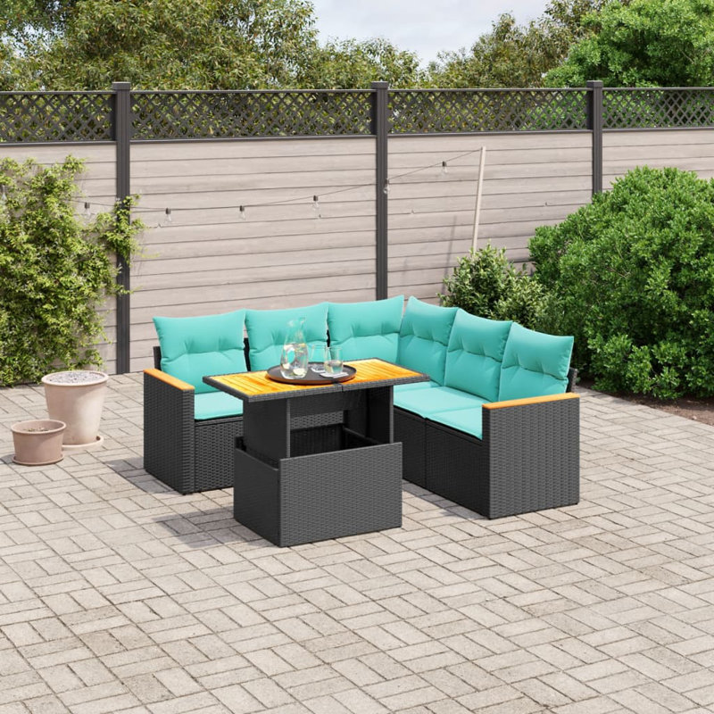  Ensemble de canapé de patio 6 pièces avec coussins en rotin de polyester, Noir, Vert
