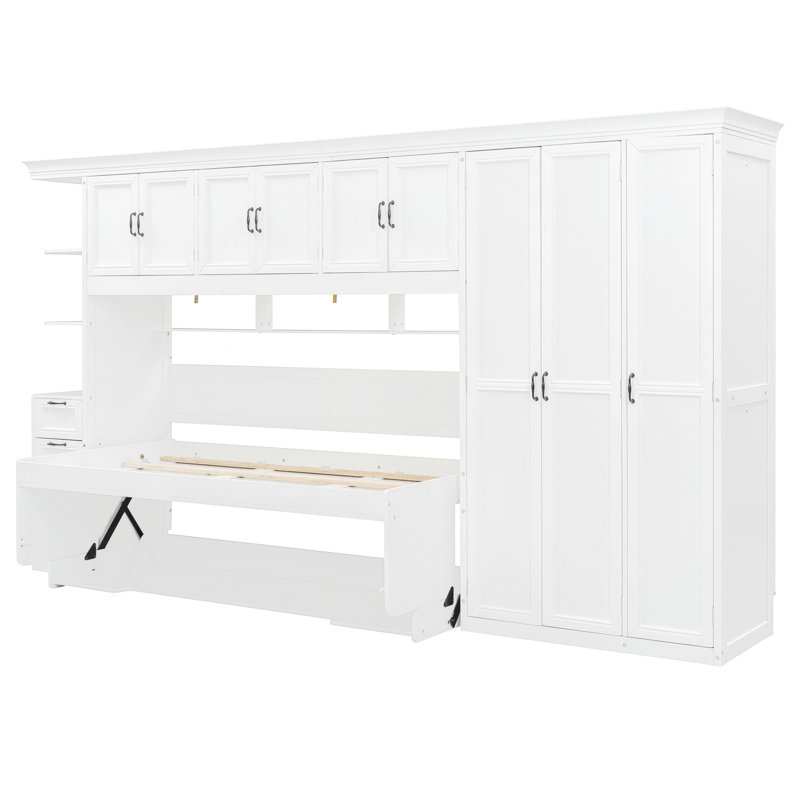 Lit escamotable simple avec armoire, bureau et bureau, blanc, Blanc