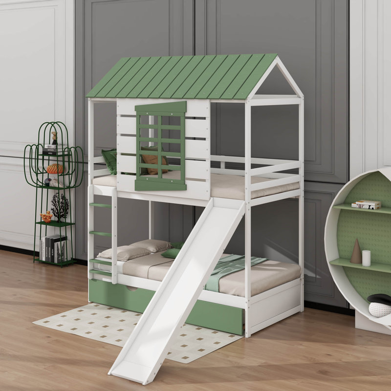 Twin Over Twin Size House Bunk Bed With Convertible Slide And Trundle