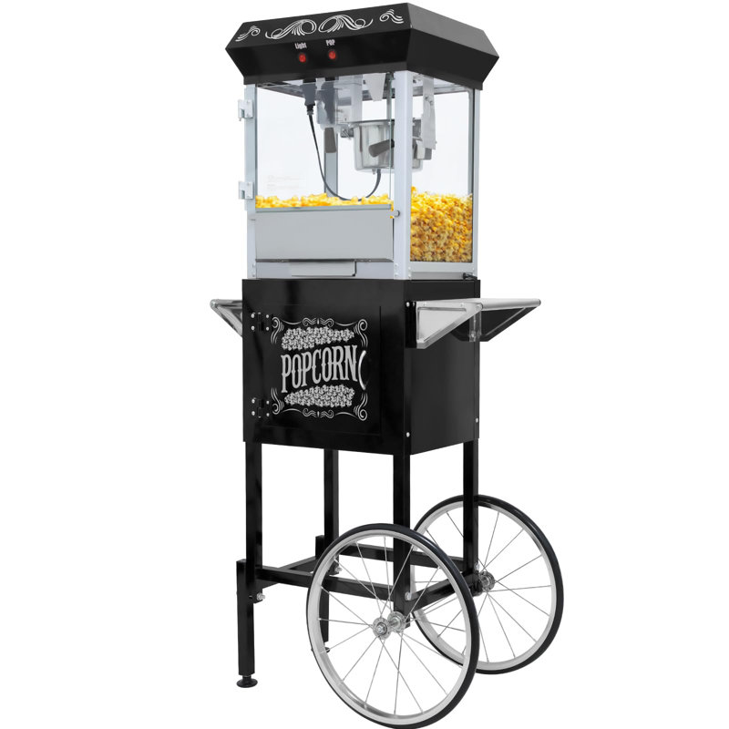 Vintage 8 oz. Machine à maïs soufflé professionnelle avec chariot de concession, d'une hauteur de 53,94 pouces, pour 32 tasses de maïs soufflé, y compris une tasse à mesurer, une cuillère et des tasses de service