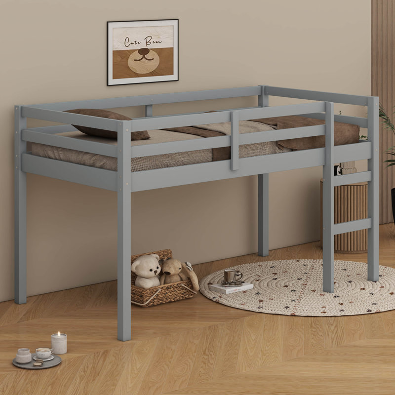 Twin Size Solid Rubber Wood Loft Bed – Ladder & Strengthened Slat Bed Platform, Gray