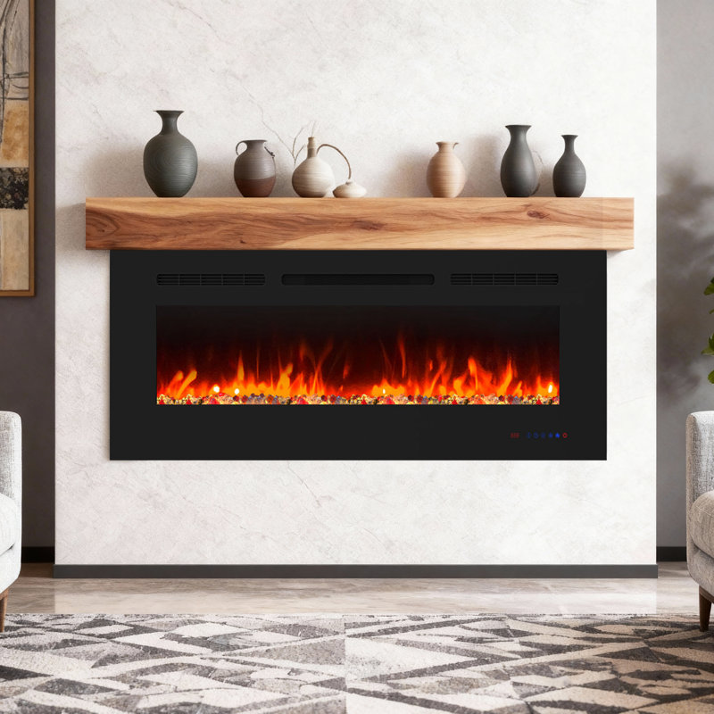Insertion de foyer électrique 42 "/ 50" / 60 "/ 72" avec décor en cristal, foyer mural pour salon, minuterie, protection contre la surchauffe, télécommande, noir