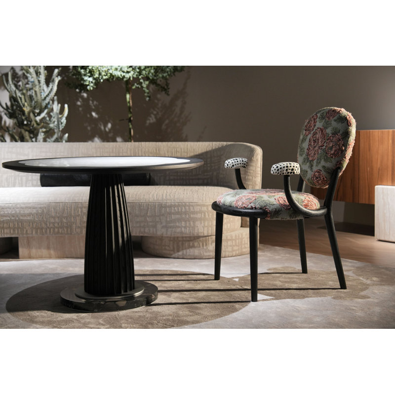 Table de salle à manger ronde noire avec incrustation de nacre, Noir