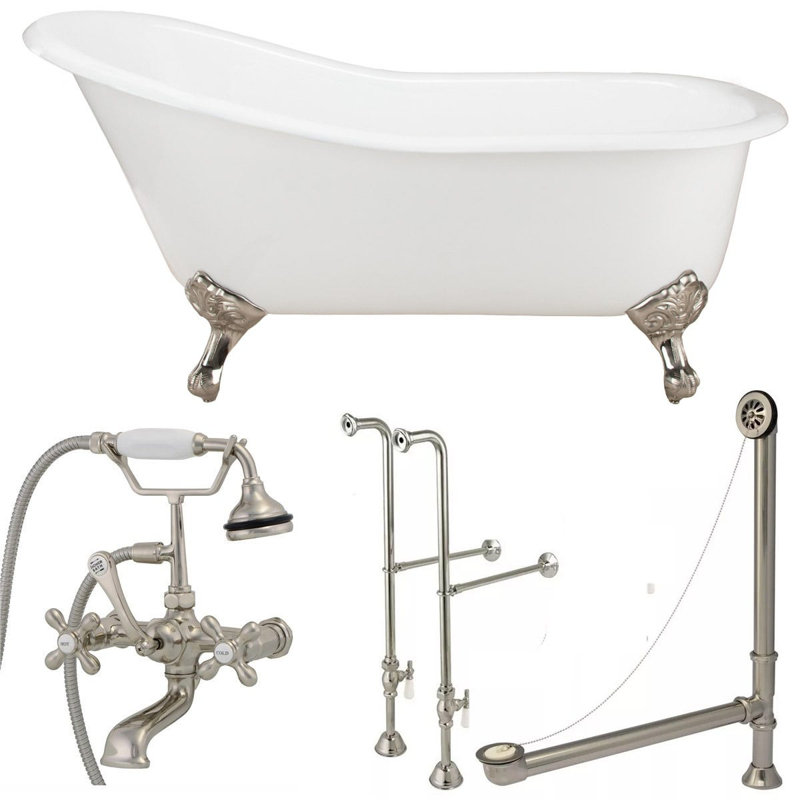 Charlotte 60.5'' x 30'' Freestanding Soaking Cast Iron Bathtub with Faucet, Brushed Nickel, Brushed Nickel