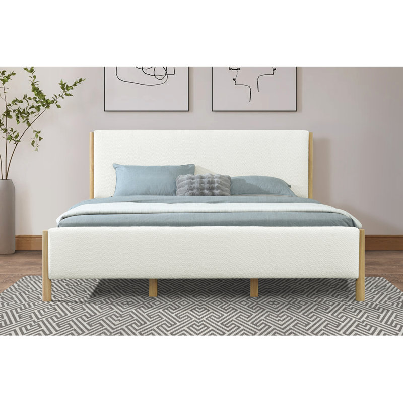 Structure de lit moderne très grand blanc Boucle, revêtement texturé doux, bois d'ingénierie, adaptable aux styles de chambre à coucher selon la taille, la surface, les pieds en bois d'hévéa, décor différent approprié