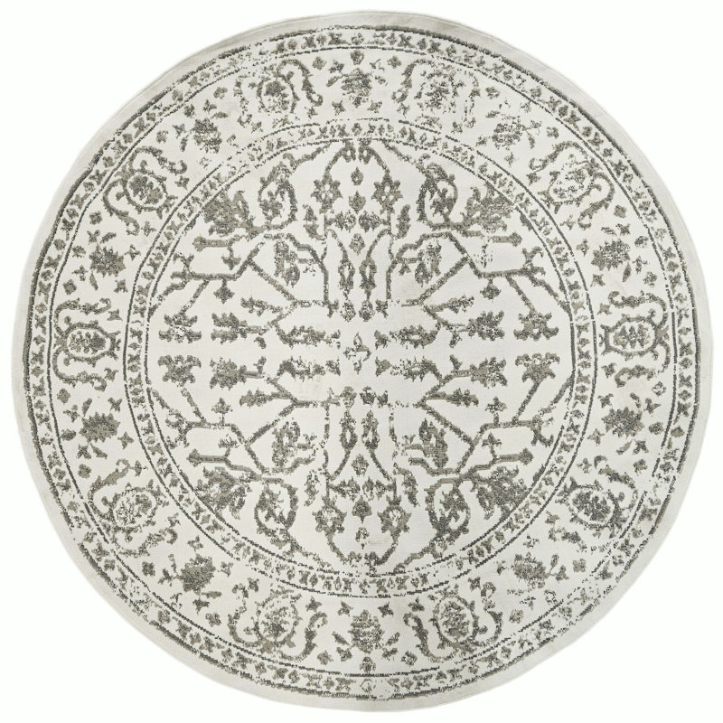 Calam Traditional Bordered Durable Performance Gray/Ivory Area Rug, Round 7'10"