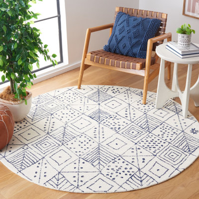 Anaistacia Hand Tufted Wool/Cotton Geometric Rug in Ivory/Blue