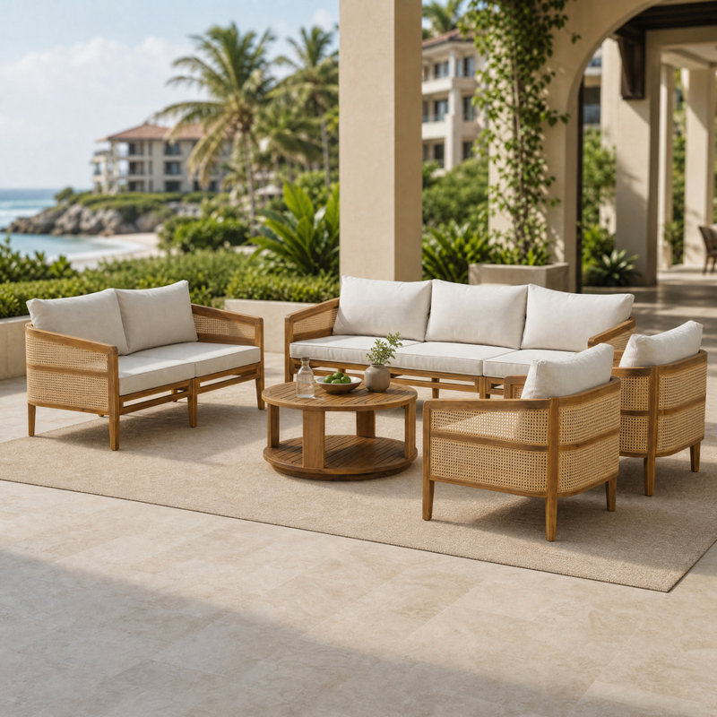 Ensemble de mobilier de patio de 5 pièces, comprenant un canapé, une causeuse, deux fauteuils et une table basse ronde.