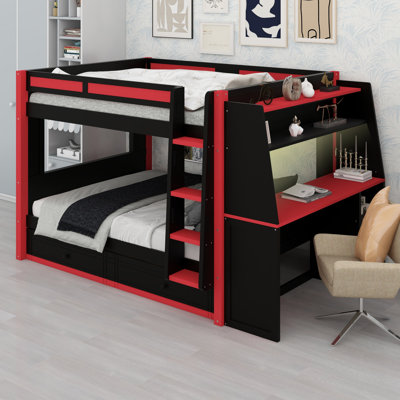 Lit superposé moderne avec éclairage à DEL, bureau, étagères et tiroirs de rangement
