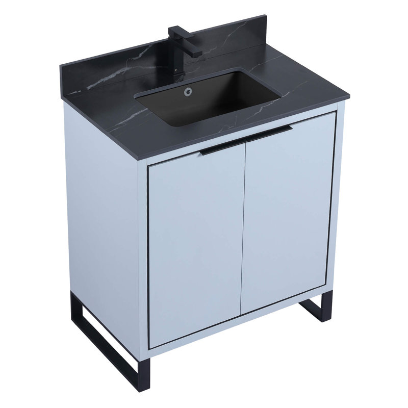 Gesa 30'' Single Bathroom Vanity with Stone Top, Pastel Blue, Matte Black