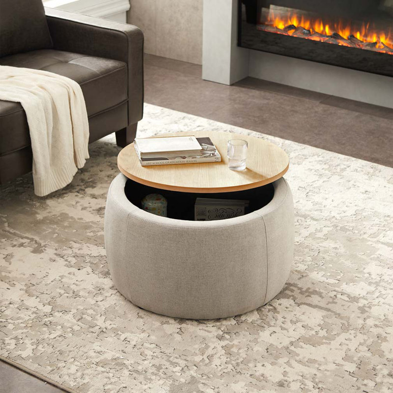 Repose-pieds rond avec rangement, table de bout et repose-pieds, Gris clair