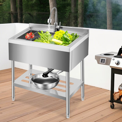 36" Stainless Steel Utility Sink Workstation – Freestanding Sink with Adjustable Height, Faucet, Storage Drawer, Knife Rack, Hooks & Drain Kit – For Kitchen, Laundry, Garage or Outdoor Use