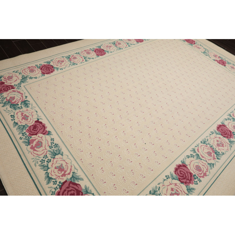 Tapis floral transitionnel en laine ivoire 8x11