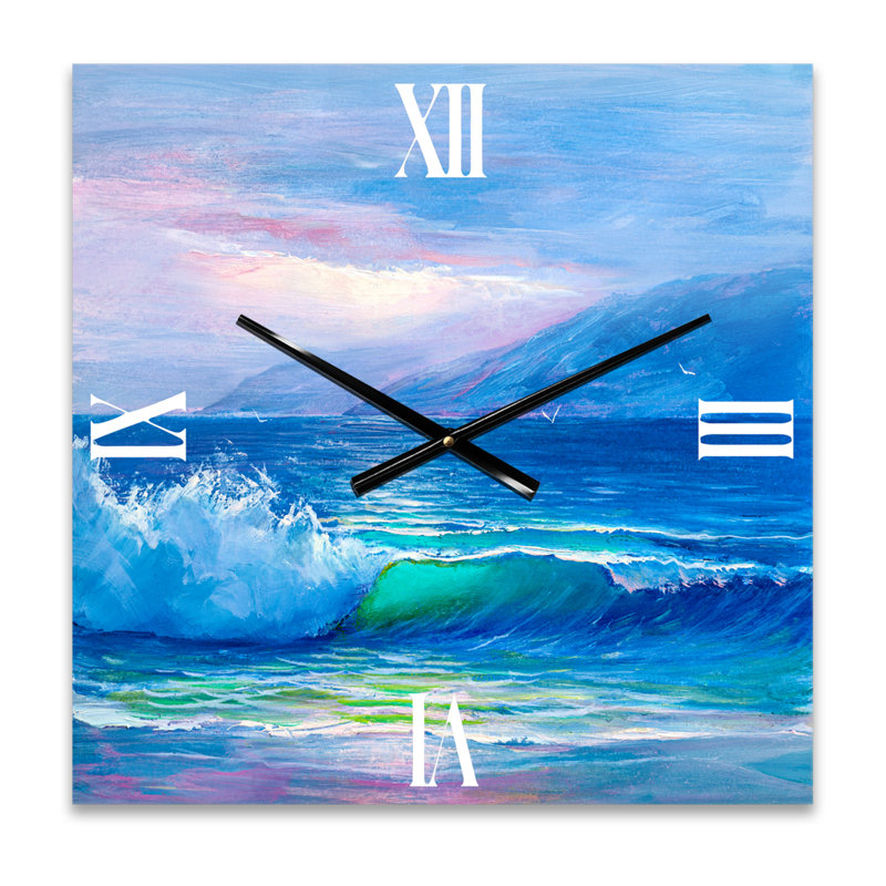 Vagues bleues se brisant à la plage II - horloge murale nautique et côtière, Très grand