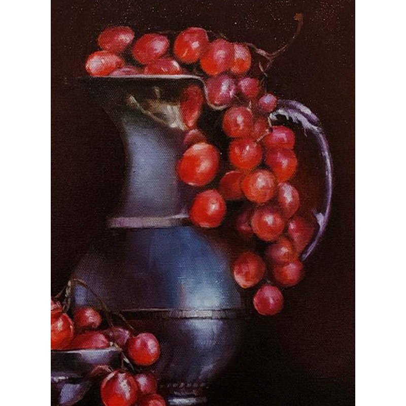 Raisins rouges sur vase, nature morte, peinture | Huile sur toile | Par Shweta Rukme