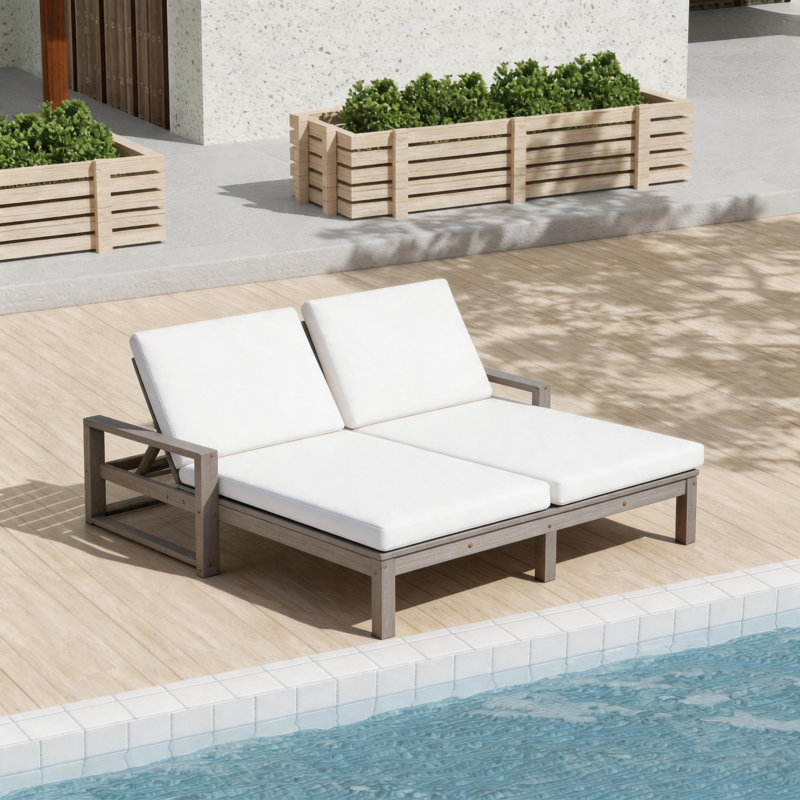 Double Chaise Lounge with Cushion, Adjustable 2-Person Outdoor Recliner，Gray, Gray