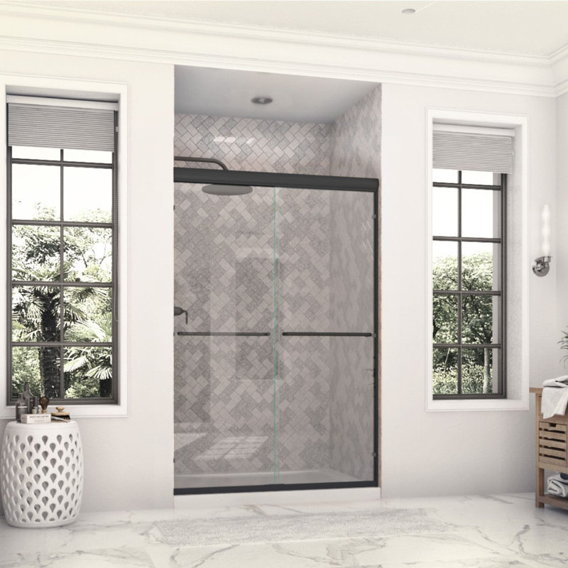 Eurolite l 48 po x H 70,5 po Porte de douche coulissante sans cadre de couleur noir mat avec verre transparent épais de 3/8 po (10 mm)