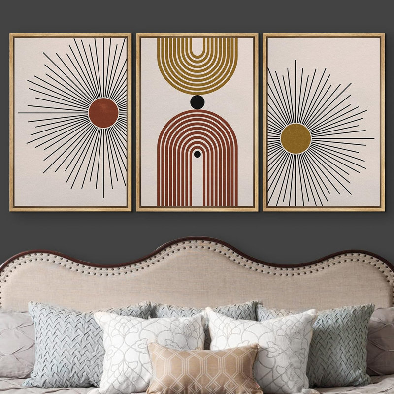 Linear Geometry " Brown And Yellow Shining Sun And Polygons Abstract Shapes Illustrations Modern Art Boho Colourful " 3 - Pieces