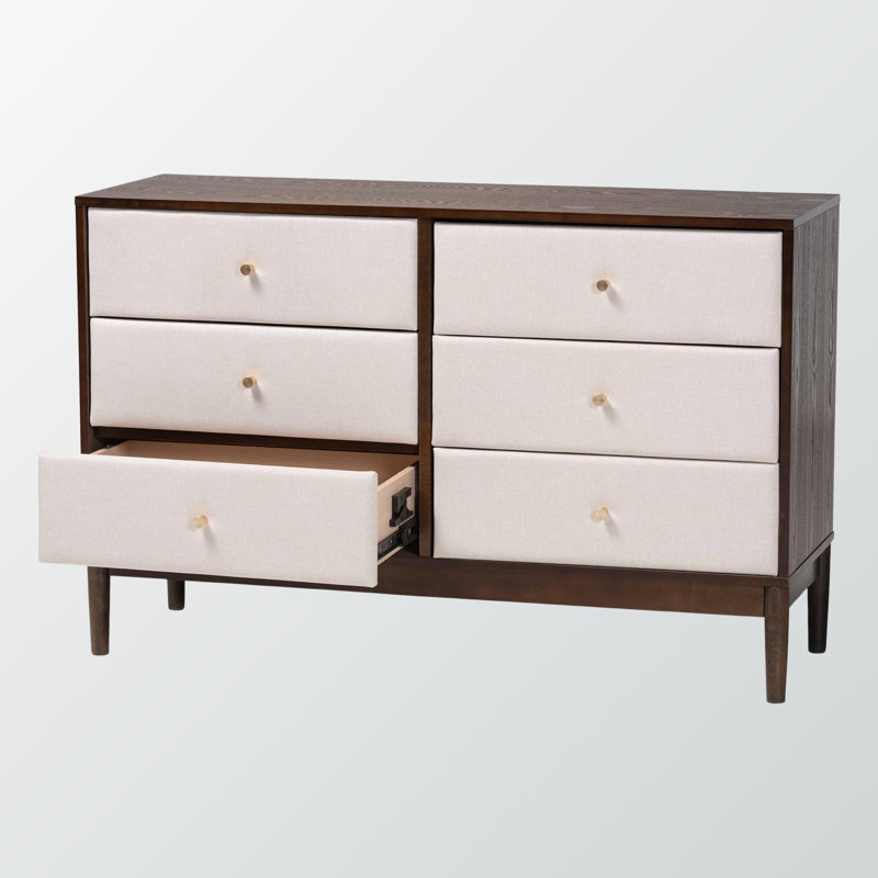 Commode 6 tiroirs Prinpop en tissu beige et bois brun wengé