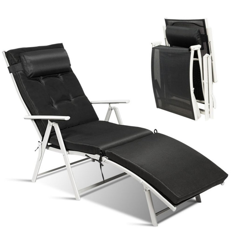 Chaise longue réglable pliante d'extérieur légère avec coussin, Noir, Blanc