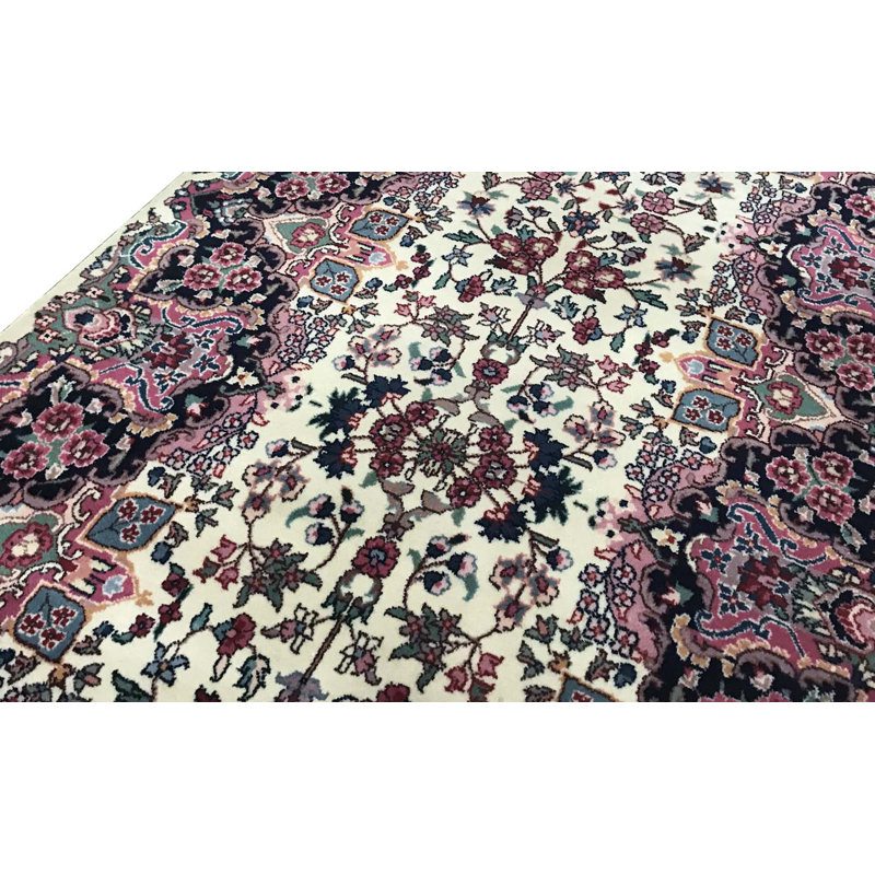 Tapis ivoire et bleu marine noué à la main de haute qualité