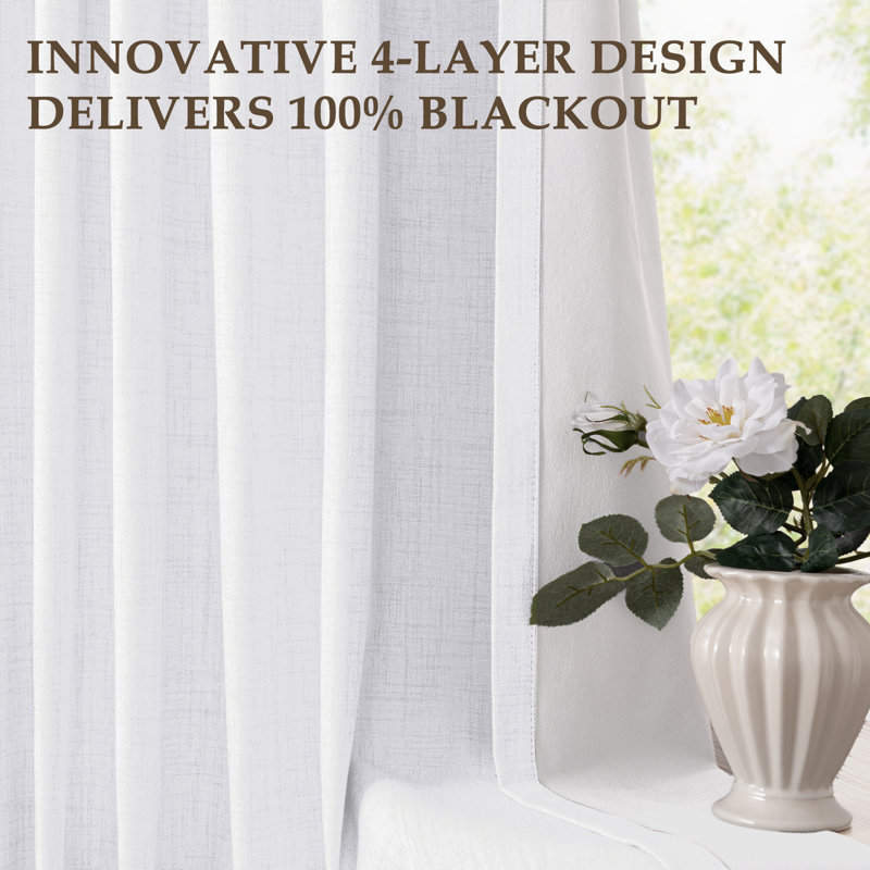 Birglinde Faux Linen Thermal 100% Blackout Curtains Rod Pocket/Ring Clips, 50" W x 120" L, White