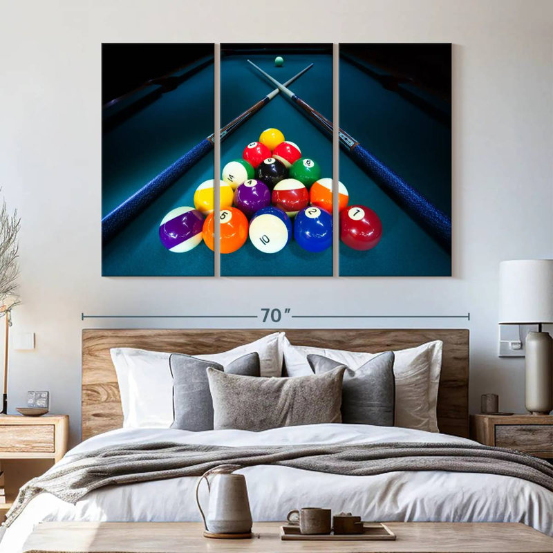 " Billiard Cue Stick Triangle " 3 Piece Art Print, 42" H x 65" W x 1.25" D