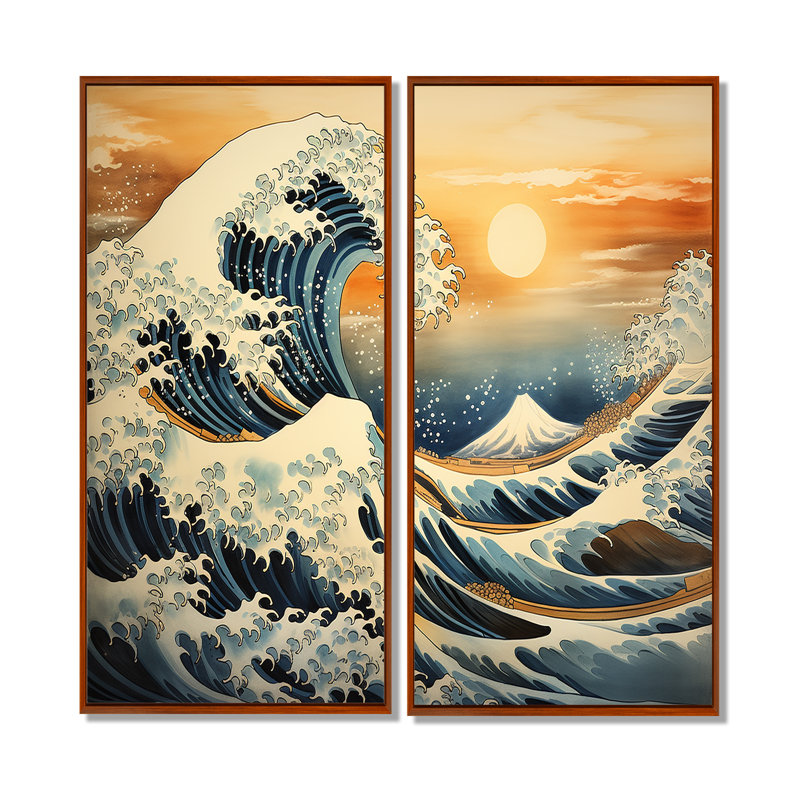 Art mural sur toile surdimensionné, chef-d'œuvre «The Gold Great Wave», 32" H x 32" W, Brown, Impression encadrée flottante