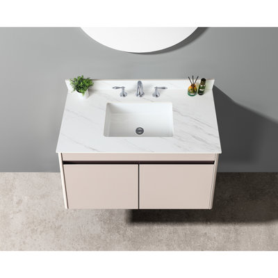 Plan de toilette en pierre frittée blanche de 79 cm (31 po), avec dosseret de 10 cm (4 po) et lavabo rectangulaire central, surface résistante aux égratignures, trous pré-percés pour robinetterie, style