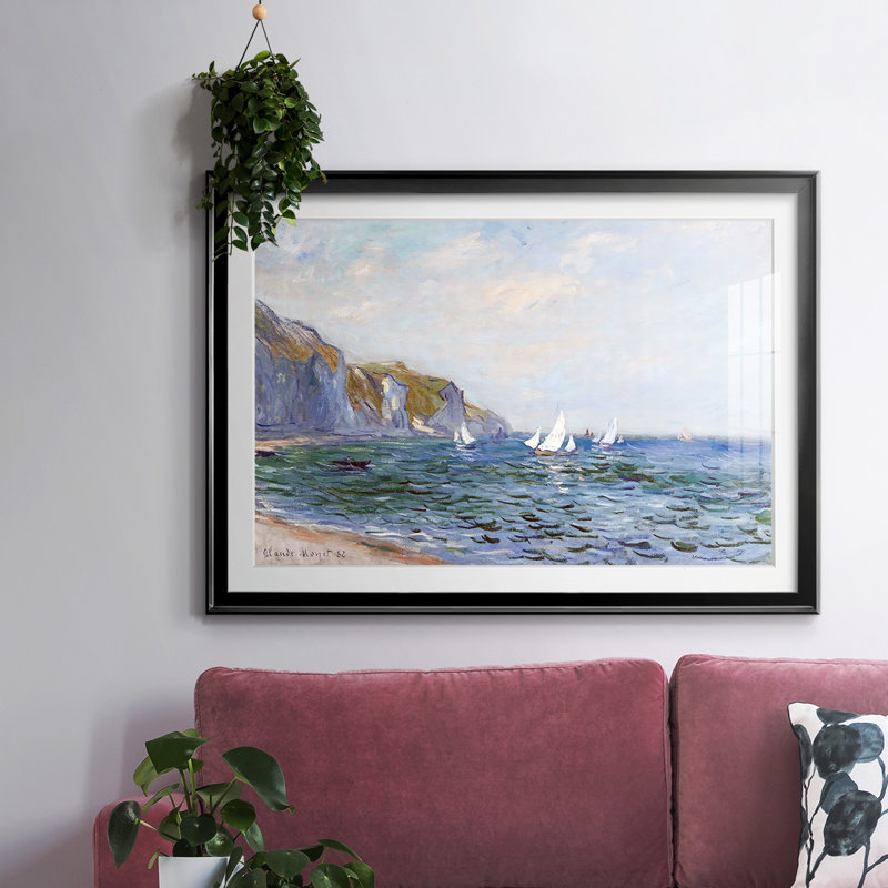 Falaises et voiliers à Pourville, 1882, reproduction d'art encadrée, Cadre noir, H 30 po x l 44 po x P 1,5 po