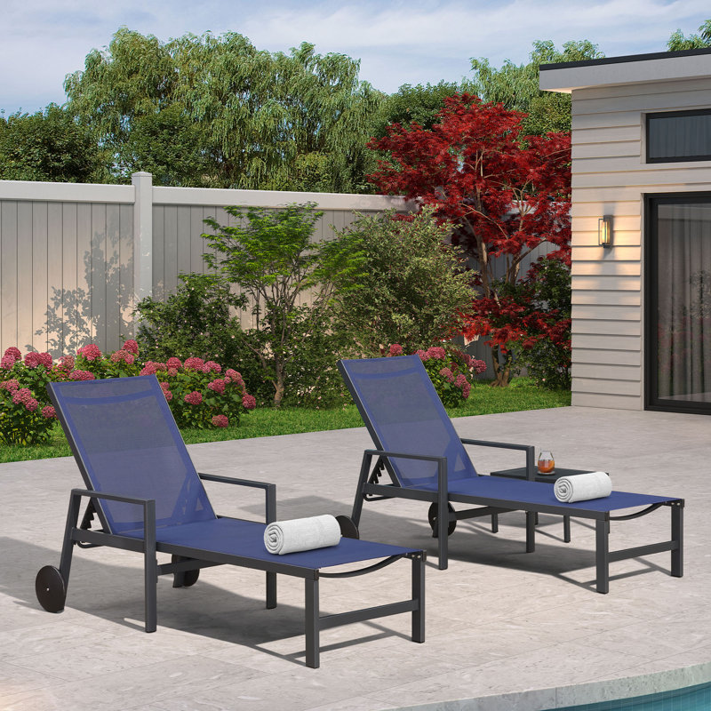 PURPLE LEAF 2 Pieces Outdoor Chaise Lounge Aluminum Patio Lounge Chair with Wheels and Armrests Outdoor Lounge Recliner Chair for Pool Backyard Beach Navy Blue