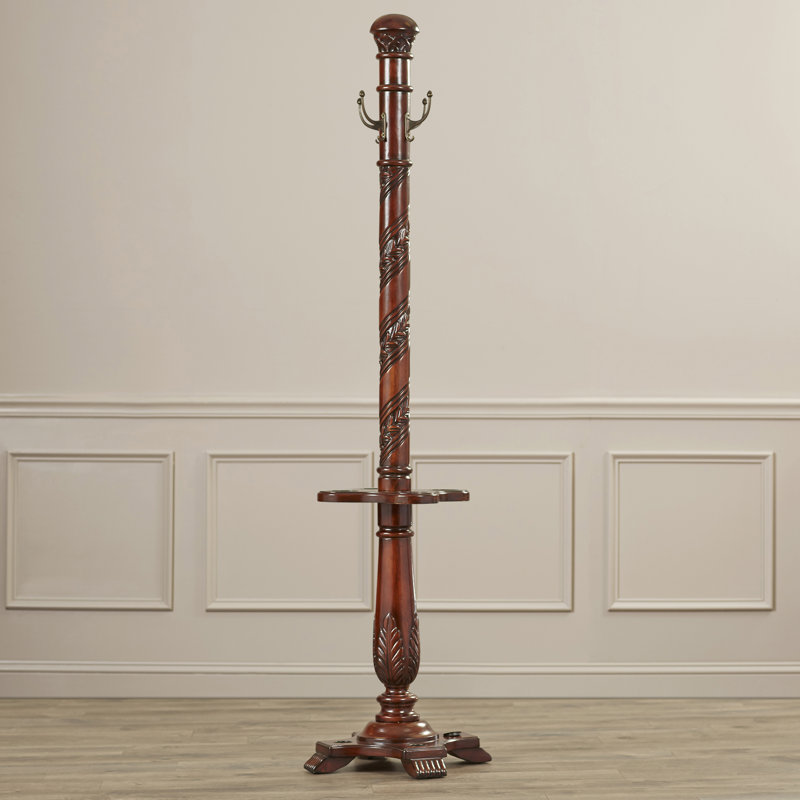 Freestanding Coat Rack with 4 Hooks and Umbrella Holder, Cherry