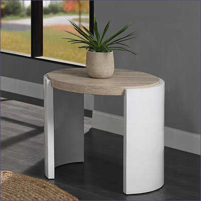 Chêne & amp; Table basse blanche ultrabrillante avec base traîneau, facile à nettoyer et amp; Durable pour le salon