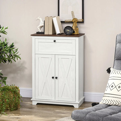 Farmhouse Sideboard Storage Cabinet With Doors And Drawer, Narrow Buffet Cabinet For Kitchen And Living Room, Small Storage Console In White