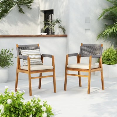 Outdoor Acacia Wood Dining Armchair With Cushion, Rope(Set Of 2)