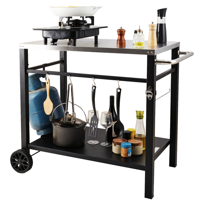 Chariots portatifs modulaires pour four à pizza, table de préparation de nourriture mobile à deux tablettes pour barbecue, table de divertissement en acier inoxydable pour les événements de cuisine intérieurs et extérieurs