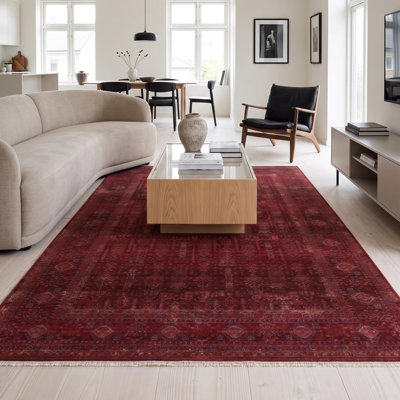 Tapis de sol surdimensionné en polyester tissé à la machine, motif oriental traditionnel bourgogne